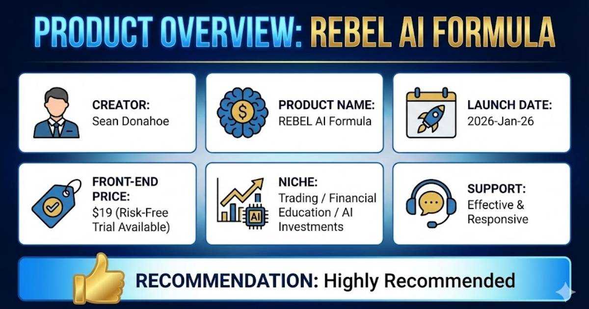 Product Overview Of Rebel AI Formula
Creator: Sean Donahoe
Product Name: REBEL AI Formula
Launch Date: 2026-Jan-26
Front-End Price: $19 (Risk-Free Trial Available)
Niche: Trading / Financial Education / AI Investments
Support: Effective & Responsive
Recommendation: Highly Recommended