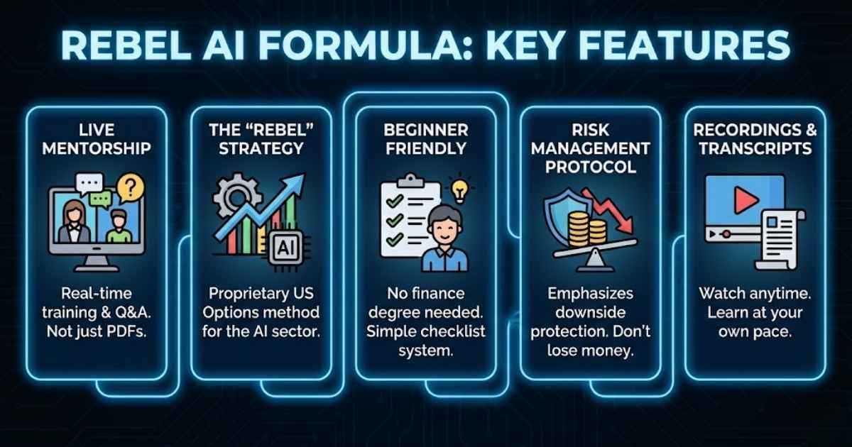 Features Of Rebel AI Formula
Live Mentorship: This isn't a dusty folder of PDF files. It’s live training where you can ask questions.
The "Rebel" Strategy: A proprietary method for trading US Stock Market Options focused on the AI sector.
Beginner Friendly: You don’t need a finance degree. If you can follow a checklist, you can do this.
Risk Management Protocol: Sean emphasizes not losing money just as much as making it. You learn how to protect your downside.
Recordings & Transcripts: Can’t make the live sessions? Everything is recorded for you to watch at your own pace.