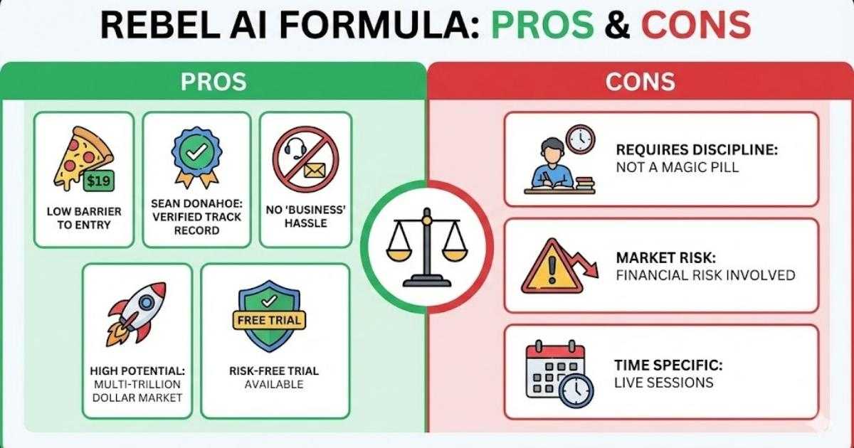 Pros And Cons Of Rebel AI Formula
Pros
Low Barrier to Entry: It costs $19 to get in. That is less than a pizza for a 3-day education.
Legitimacy: Sean Donahoe has a verified track record. He isn't a "guru" who appeared yesterday.
No "Business" Hassle: No customers, no support tickets, no marketing.
High Potential: The AI market is projected to be a multi-trillion dollar industry.
Risk-Free Trial: The specific link below allows you to try it without risk.
Cons
Requires Discipline: This is not a magic pill. You have to show up and learn the skill.
Market Risk: Trading always involves financial risk. Never trade with money you can't afford to lose.
Time Specific: The live sessions happen at specific times (though replays are available).
