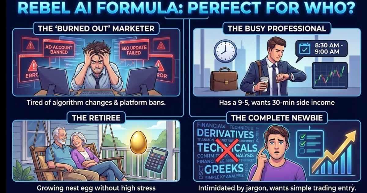 Rebel AI Formula: Perfect For Who?
The "Burned Out" Marketer: If you are tired of SEO updates and ad account bans.
The Busy Professional: You have a 9-5 but want a side income that only takes 30 mins.
The Retiree: Looking to grow your nest egg without high stress.
The Complete Newbie: You want to get into trading but are intimidated by Wall Street jargon.