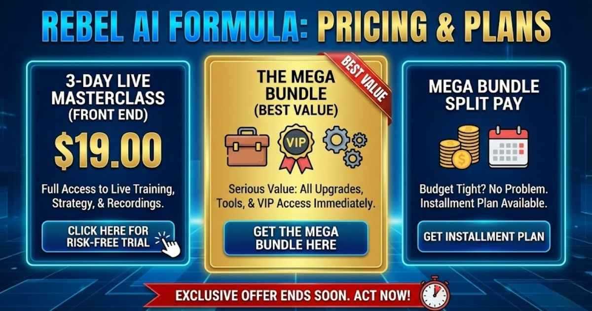 Pricing And Plans Of Rebel AI Formula
Here is the breakdown of the launch pricing. The value here is insane for a live event.
Front End: The 3-Day Live Masterclass Price: $19.00 This gets you full access to the live training, the strategy, and the recordings. Click Here To Grab The Risk-Free Trial
The Mega Bundle (Best Value) If you are serious and want all the upgrades, tools, and VIP access immediately, the bundle is the way to go. Get The Rebel AI Mega Bundle Here
Mega Bundle Split Pay Budget tight? No problem. Get The Mega Bundle Installment Plan
Exclusive Offer Ends Soon. Act Now!
