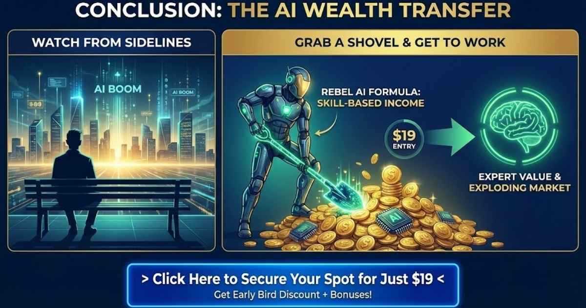 Conclusion
The AI Boom is the biggest wealth transfer of our lifetime. You have two choices: You can watch it happen from the sidelines, or you can grab a shovel and get to work.
Rebel AI Formula offers a rare combination of low entry cost, high expert value, and a market that is exploding right now. It removes the tech barriers and gives you a raw, skill-based way to generate income.
Why Wait? Your Perfect Purchase Is Just A Click Away!
> Click Here to Secure Your Spot for Just $19 <
Get Early Bird Discount + Bonuses!