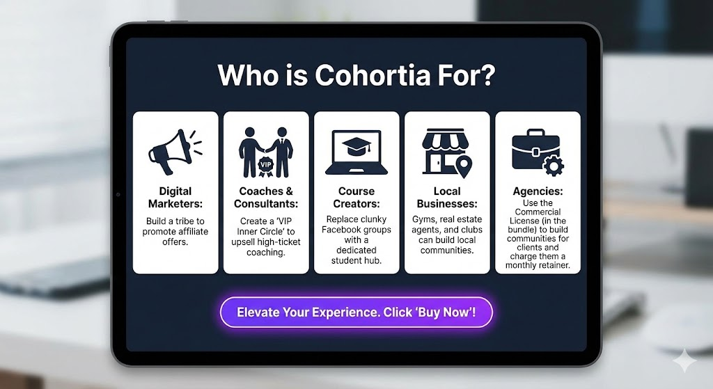 Who is Cohortia For?
Digital Marketers: Build a tribe to promote affiliate offers.
Coaches & Consultants: Create a "VIP Inner Circle" to upsell high-ticket coaching.
Course Creators: Replace clunky Facebook groups with a dedicated student hub.
Local Businesses: Gyms, real estate agents, and clubs can build local communities.
Agencies: Use the Commercial License (in the bundle) to build communities for clients and charge them a monthly retainer.
Elevate Your Experience. Click ‘Buy Now’!