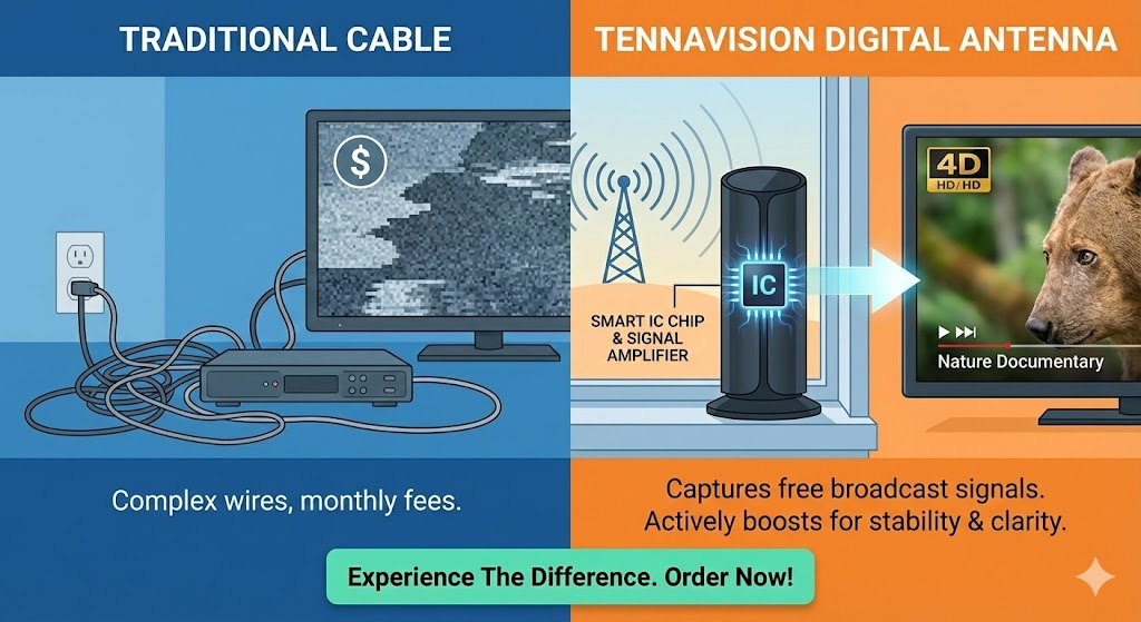 ow Does TennaVision Digital Antenna Work?
The genius of TennaVision lies in its simplicity. It works by intercepting the radio waves that television stations broadcast for free. While cable companies charge you to transmit these signals through a wire, TennaVision grabs them directly from the air.
It features a built-in signal amplifier and a Smart IC chip. This isn't just a piece of plastic; it actively boosts the signal strength to ensure you aren't just getting channels, but getting them with stability and clarity.
Experience The Difference. Order Now!