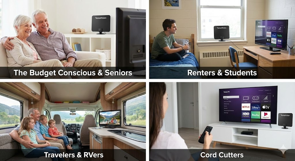 Who is TennaVision Digital Antenna For?
The Budget Conscious: Anyone tired of rising subscription costs.
Seniors: It’s easy to use and requires no tech skills.
Renters & Students: No drilling holes or long-term contracts.
Travelers/RVers: Since it requires no internet, you can get TV anywhere there is a broadcast signal.
Cord Cutters: People who stream Netflix but still want live local news and sports.