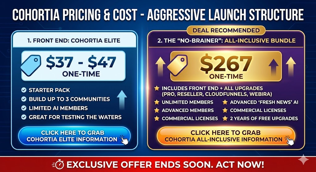 Cohortia Pricing & Cost
The pricing structure is very aggressive during the launch period. Here is the breakdown:
1. Front End: Cohortia Elite (~$37 - $47 One-Time) This is the starter pack. It allows you to build up to 3 communities with a limited number of AI members. It's great for testing the waters. Click Here To Grab Cohortia Elite Information
2. The "No-Brainer": All-Inclusive Bundle (~$267 One-Time) This is the deal I recommend. It includes the Front End PLUS all the upgrades (Pro, Reseller, CloudFunnels, Webira). You get Unlimited Members, Advanced "Fresh News" AI, Commercial Licenses, and 2 years of free upgrades. Click Here To Grab Cohortia All-Inclusive Information
Exclusive Offer Ends Soon. Act Now!