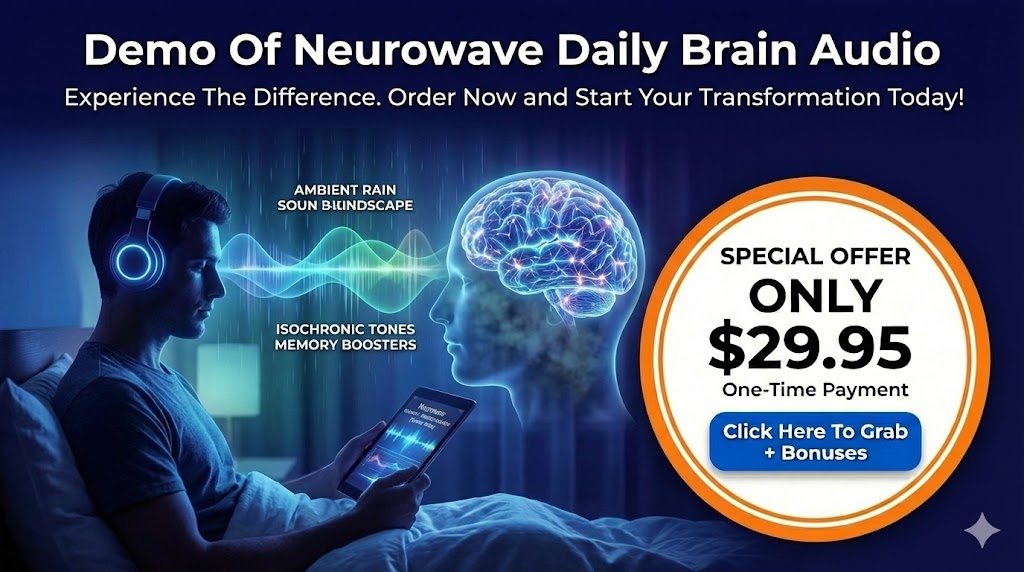 Demo Of Neurowave Daily Brain Audio
Imagine waking up feeling groggy. Instead of reaching for a third cup of coffee, you put on your headphones. You select a 15-minute track from Module 1.
As the audio plays, you don't hear jarring noises. You hear a layered soundscape—perhaps rain or ambient drones—embedded with the isochronic tones memory boosters. Within minutes, the "fog" lifts. You aren't forcing yourself to concentrate; your brain simply settles into a rhythm. This is the brain training experience Neurowave offers. It requires no technical skills—just press play.
Experience The Difference. Order Now and Start Your Transformation Today!