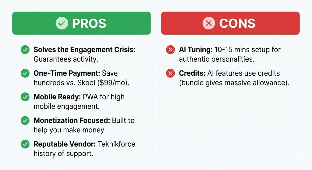 Pros & Cons of Cohortia
Pros:
✅ Solves the Engagement Crisis: The only tool that guarantees activity.
✅ One-Time Payment: Save hundreds per year compared to Skool ($99/mo).
✅ Mobile Ready: PWA feature ensures high mobile engagement.
✅ Monetization Focused: Everything is built to help you make money.
✅ Reputable Vendor: Teknikforce has a history of supporting their software.
Cons:
❌ AI Tuning: You need to spend 10-15 minutes setting up the AI personalities so they sound authentic to your niche.
❌ Credits: The AI features use credits (though the bundle gives you a massive allowance).