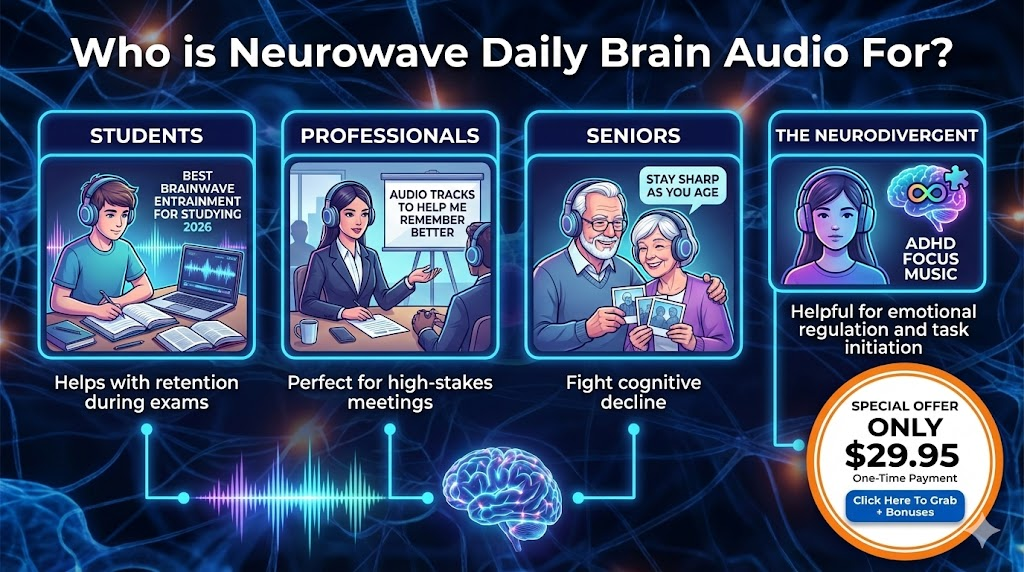 Who is Neurowave Daily Brain Audio For?
This program is versatile and benefits a wide demographic:
Students: If you need best brainwave entrainment for studying 2026, this helps with retention during exams.
Professionals: Perfect for those needing audio tracks to help me remember better during high-stakes meetings.
Seniors: Excellent for those wanting to stay sharp as you age and fight cognitive decline.
The Neurodivergent: People looking for ADHD focus music often find the structure of these sessions helpful for emotional regulation and task initiation.