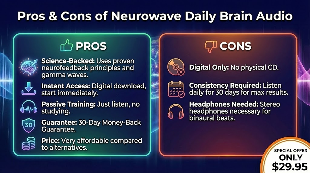 Neurowave Daily Brain Audio Pricing & Cost
Currently, the Neurowave daily brain audio price is incredibly low for the value provided.
Regular Value: $112
Current Deal: $29.95 (One-time payment)
There are no subscriptions or recurring fees. You get lifetime access to the Neurowave memory and focus download.
CAUTION: Price Increases 0.01 Cents Minute-by-Minute—Buy Immediately to Get the Lowest Rate!
Get an Additional 20% Off The Regular Price for One Low Transaction—Save Big Today!