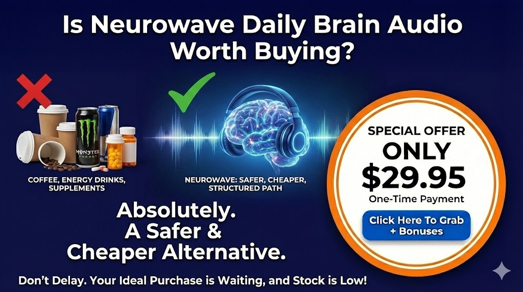 Neurowave Daily Brain Audio Pricing & Cost
Currently, the Neurowave daily brain audio price is incredibly low for the value provided.
Regular Value: $112
Current Deal: $29.95 (One-time payment)
There are no subscriptions or recurring fees. You get lifetime access to the Neurowave memory and focus download.
CAUTION: Price Increases 0.01 Cents Minute-by-Minute—Buy Immediately to Get the Lowest Rate!
Get an Additional 20% Off The Regular Price for One Low Transaction—Save Big Today!