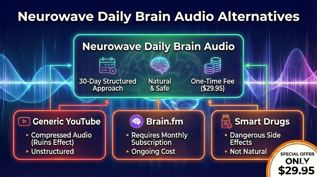 Neurowave Daily Brain Audio Alternatives
While there are other options like Brain.fm or generic YouTube videos, Neurowave Daily Brain Audio stands out because of its structured 30-day approach.
Generic YouTube: Often compressed audio which ruins the binaural beats effect.
Brain.fm: Requires a monthly subscription. Neurowave is a one-time fee.
Smart Drugs: Dangerous side effects. Neurowave is natural.
If you are looking for audio programs to improve memory and focus that you own forever, Neurowave is the superior choice.