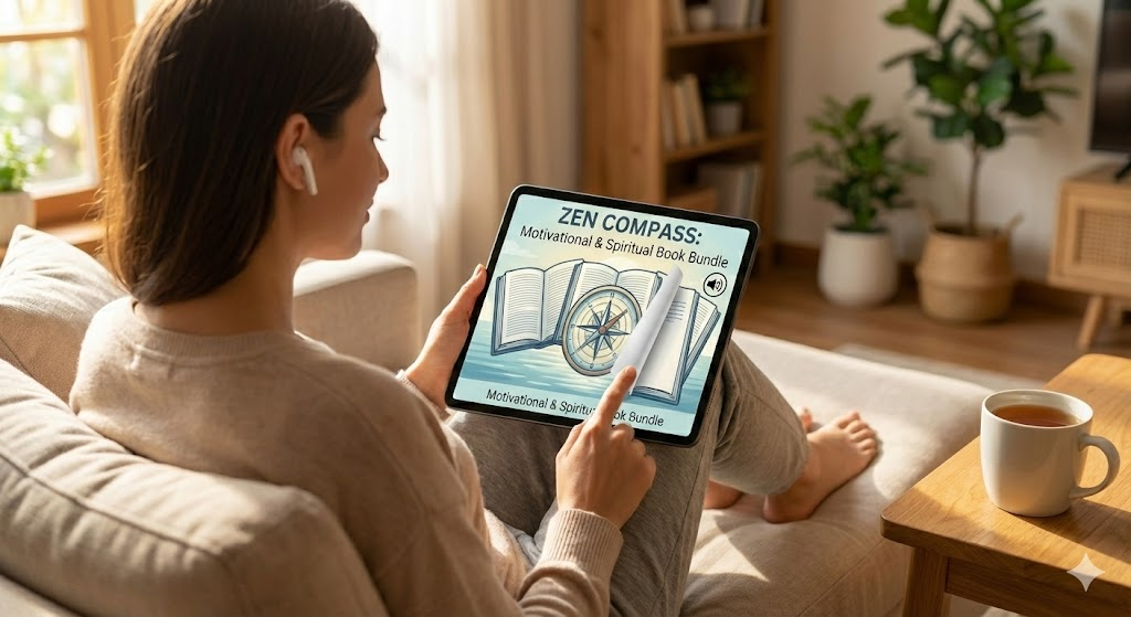 How Does ZEN COMPASS: Motivational & Spiritual Book Bundle Work?
The genius of the ZEN COMPASS: Motivational & Spiritual Book Bundle lies in its accessibility and user-centric design. The "barrier to entry" for most self-help bundles is high—you have to download apps, manage files, or carry heavy books. The Zen Compass system eliminates this friction entirely.
Instant Flipbook Access
When you buy Zen Compass, you are not left waiting for a shipment. You receive immediate access to a private, browser-based flipbook format. This technology allows you to turn pages digitally with a realistic feel, working seamlessly on Chrome, Safari, Firefox, and Edge. Whether you are on a desktop at work or a mobile device in bed, your motivational reading list is always just a click away.
Audiobook Integration: A Game Changer
One of the most praised features in every Zen Compass review is the integrated audio. You do not need to choose between reading and listening.
Wiz Diary and Power of Paradise come with full audio narration embedded directly in the flipbook.
Alleluya features an audio component that updates weekly, ensuring that the content remains fresh and manageable given its massive size.
This no-download digital access means you can engage with the material while commuting, cooking, or relaxing, making it an ideal digital wellness program for the modern, busy individual.
Don't Miss Out—Grab Yours Today Before They're Gone!