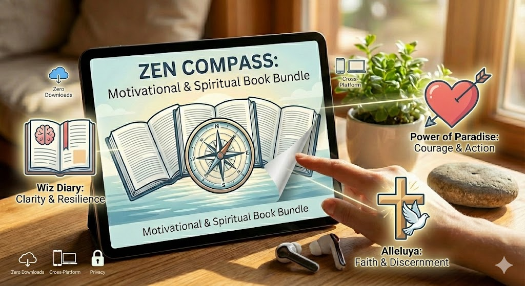 Key Features of ZEN COMPASS: Motivational & Spiritual Book Bundle
To understand why this is considered one of the best motivational book bundles for stress relief, we must examine the specific features that set it apart.
1. Wiz Diary: The Architect of Clarity
Core Purpose: To build identity and mental resilience tools.
Structure: 200 sharp, focused verses.
Interactive Element: Each verse is followed by guided journaling prompts (reflection space), transforming passive reading into active subconscious reprogramming.
Best For: Daily motivational reading for busy people who need quick, potent doses of wisdom.
2. Power of Paradise: The Engine of Courage
Core Purpose: To shift mindset and strengthen decision-making.
Structure: 21 short, unforgettable stories.
Impact: These stories are designed to be "pattern interrupts" for your brain, helping to break cycles of hesitation. It acts as a powerful Zen Compass for anxiety, moving you out of your head and into action.
3. Alleluya: The Anchor of Faith
Core Purpose: To deepen one's walk with God through scripture and discernment.
Structure: Guided questions and weekly audio insights.
Unique Feature: Because faith is a journey, not a destination, the weekly updates ensure that your spiritual awakening guide evolves with you.
4. Technology & Convenience
Zero Downloads: Keeps your device storage free.
Cross-Platform Compatibility: Your Zen Compass official website login works everywhere.
Privacy: A secure, private library ensuring your journey remains personal.
Unlock Your Potential—Procure Now And Make It Yours for a More Promising Futur