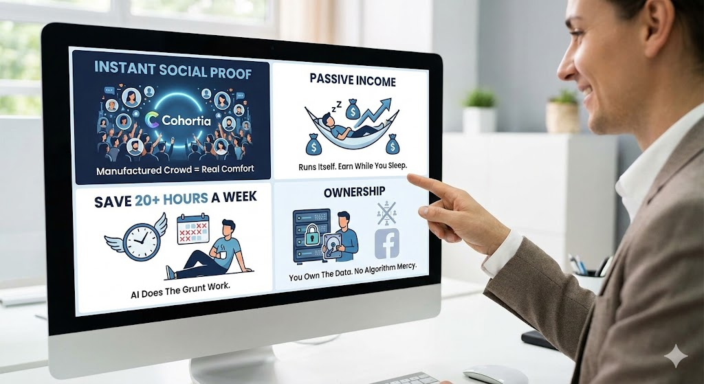 Main Benefits (Why do I need this?)
Instant Social Proof: People follow the crowd. Cohortia manufactures the "crowd" so real people feel comfortable joining and buying.
Passive Income: Once set up, the community runs itself. You can sell recurring subscriptions that pay you while you sleep.
Save 20+ Hours a Week: You don't need to spend your life moderating and posting. The AI does the grunt work.
Ownership: You own the data. Unlike Facebook Groups, you aren't at the mercy of an algorithm change that hides your posts.