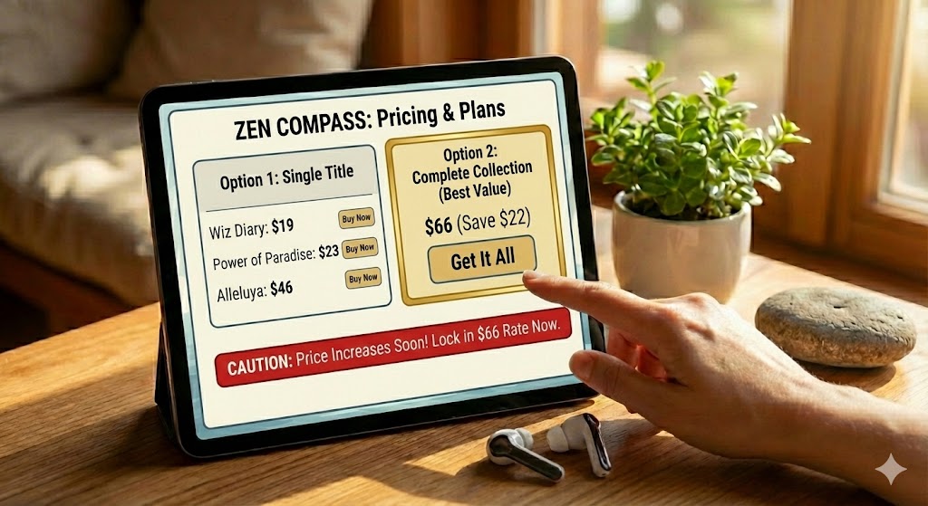 Pricing And Plans Of ZEN COMPASS: Motivational & Spiritual Book Bundle
The pricing structure is simple and transparent. There are no hidden monthly fees or subscriptions for the core content.
Option 1: Single Title. Good if you only want to dip your toe in. But be warned: most users end up coming back to buy the rest, spending more in the long run.
Option 2: The Complete Collection ($66). This is the "Goldilocks" option. It provides the full Zen Compass system at the best possible price.
Pro Tip: Watch out for price increases. The site often mentions that the price goes up $100 & bonus is going to end soon, so locking in the $66 rate is advisable.
CAUTION: Price Increases 0.01 Cents Minute-by-Minute - Buy Immediately to Get the Lowest Rate!
