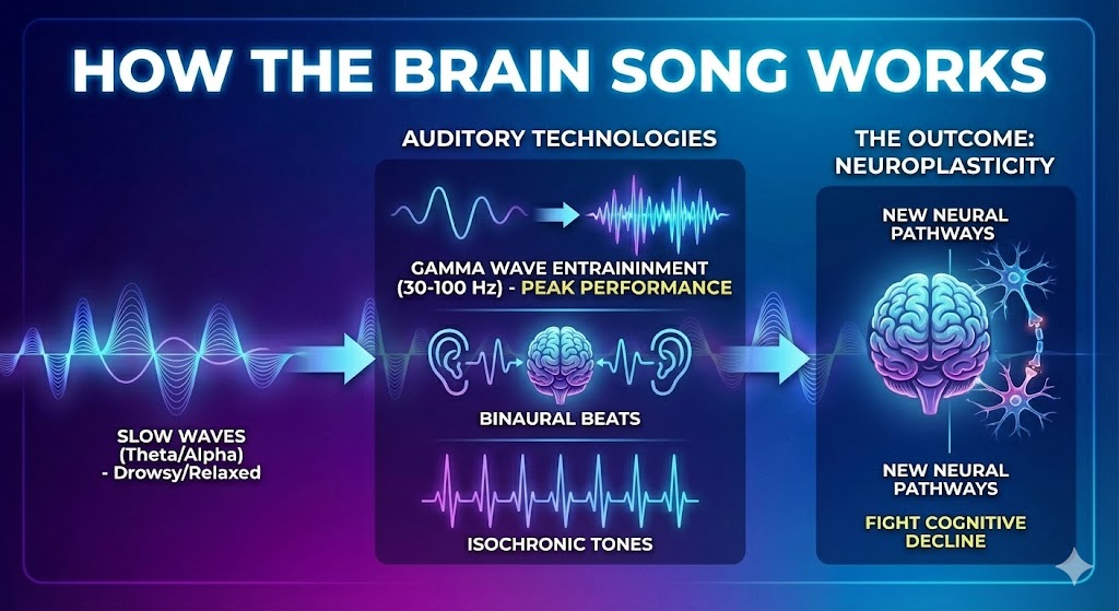 How Does The Brain Song Work?
You might be wondering, "Does The Brain Song work, or is it just placebo?" The efficacy of The Brain Song audio lies in the science of brainwave entrainment.
The brain operates at different electrical frequencies. When you are drowsy, you are in Theta; when relaxed, Alpha. However, for peak performance, high-level processing, and memory retention, your brain needs to be in a Gamma state.
The Brain Song system works by using three specific auditory technologies:
Gamma Wave Entrainment: The audio guides your brainwaves from a sluggish state into high-frequency Gamma oscillations (30-100 Hz), which are linked to "elite" cognitive performance.
Binaural Beats: By playing slightly different frequencies in each ear, the audio creates a "phantom" beat inside your brain, forcing both hemispheres to synchronize. This is known to improve focus and concentration.
Isochronic Tones: These are distinct rhythmic pulses that help the brain align with the desired frequency quickly, even without high-end headphones.
When combined, these sounds aim to trigger Neuroplasticity, helping your brain grow new neural pathways and fight cognitive decline.