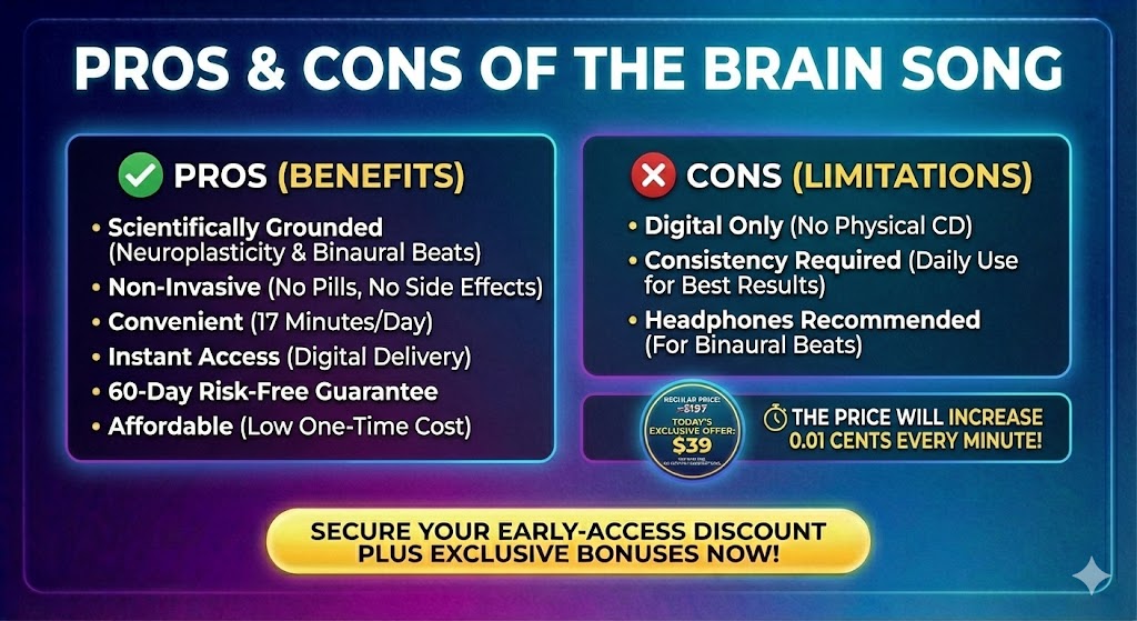 Pros & Cons of The Brain Song
To provide an honest review 2026, we must look at both sides.
Pros:
Scientifically grounded in Neuroplasticity and Binaural beats research.
Non-invasive: No pills, no side effects.
Convenient: Only takes 17 minutes a day.
Instant Access: Digital delivery means you start today.
60-Day Guarantee: The Brain Song money back guarantee makes it risk-free.
Affordable: Low one-time cost.
Cons:
Digital Only: No physical CD is shipped (though you can burn it to one).
Consistency Required: You must listen daily to see the best results.
Headphones Recommended: For the binaural beats to work best, stereo headphones are needed.