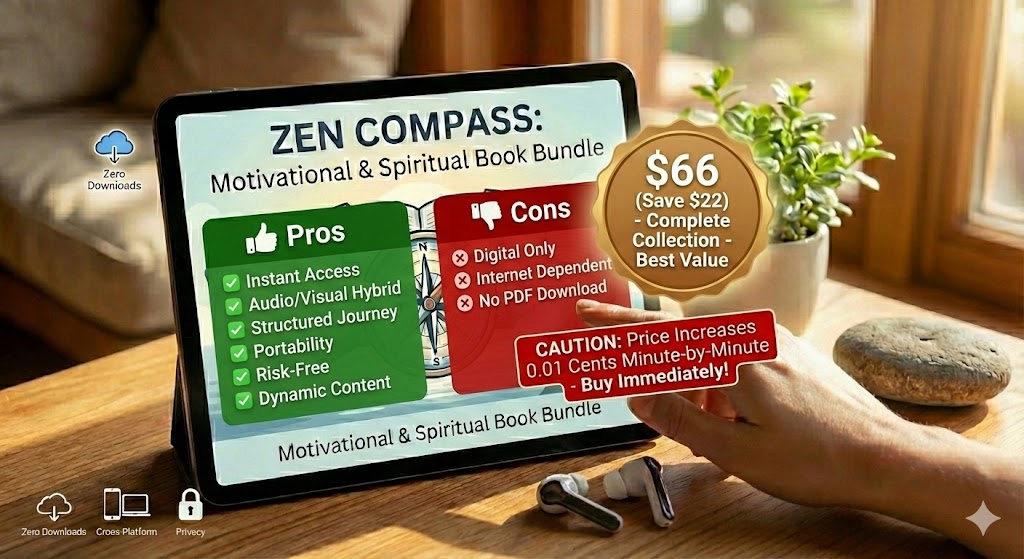 Pros & Cons of ZEN COMPASS: Motivational & Spiritual Book Bundle
A fair Zen Compass review must address both sides of the coin.
Pros
✅ Instant Gratification: No shipping times; start reading immediately.
✅ Audio/Visual Hybrid: The flipbook format with audiobook integration caters to all learning styles.
✅ Structured Journey: The "Clarity-Courage-Faith" progression is logical and effective.
✅ Portability: Your library travels with you.
✅ Risk-Free: Backed by a 30-day money-back guarantee.
✅ Dynamic Content: Alleluya updates weekly, keeping the content alive.
Cons
❌ Digital Only: Traditionalists who smell paper books might miss the physical touch.
❌ Internet Dependent: The flipbook requires an internet connection to load initially (though audio streams smoothly).
❌ No PDF Download: You cannot download a Zen Compass book PDF for offline storage (a security measure that ensures you always have the latest version).