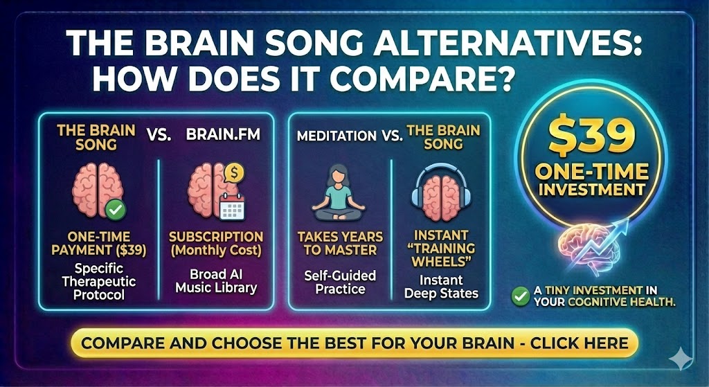 The Brain Song Alternatives
How does it compare?
The Brain Song vs Brain.fm: Brain.fm is a subscription service (monthly cost). The Brain Song is a one-time payment for a specific therapeutic protocol.
Meditation: Meditation is great but takes years to master. The Brain Song acts as "training wheels" for your brain, getting you into deep states instantly.