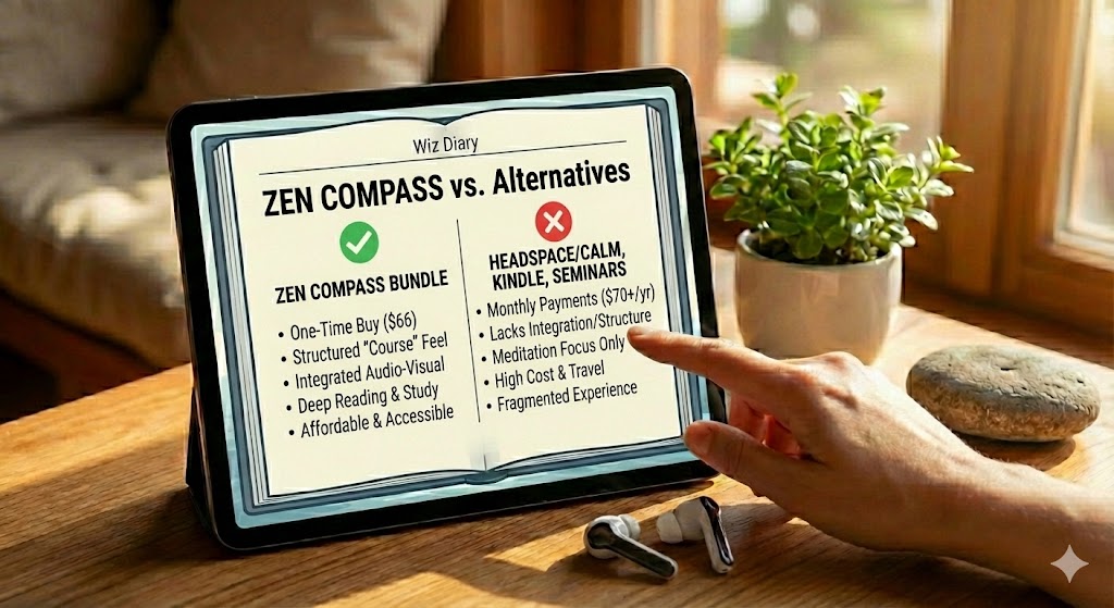 ZEN COMPASS: Motivational & Spiritual Book Bundle Alternatives
If you are still on the fence, consider the alternatives.
Headspace/Calm: Great apps, but they require monthly payments ($70+/year) and focus mostly on meditation, not reading or study. Zen Compass is a one-time buy.
Kindle Books: You can buy Zen books on Amazon, but they lack the integrated audio-visual experience and the structured "course" feel of this bundle.
Physical Seminars: Cost thousands of dollars and require travel. Zen Compass brings the seminar to your living room.
When you look at Zen Compass vs. Headspace for anxiety or Zen Compass vs. traditional self-help books, the bundle offers a unique middle ground: structured, deep, yet accessible and affordable.