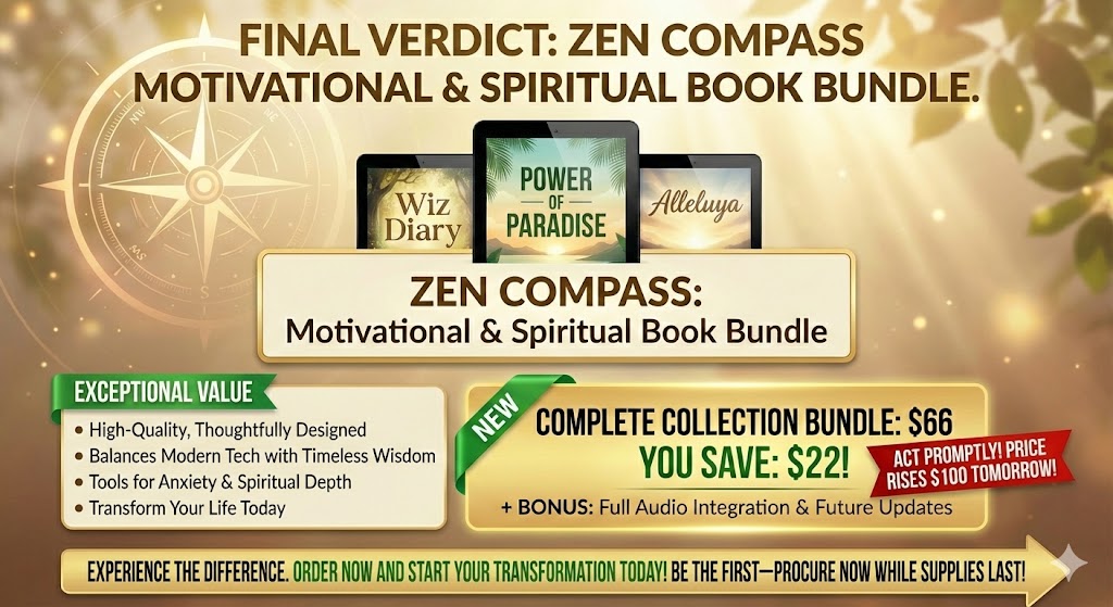 Final Verdict ZEN COMPASS: Motivational & Spiritual Book Bundle
To wrap up this Zen Compass motivational & spiritual book bundle review, the verdict is clear. This is a high-quality, thoughtfully designed product that delivers exceptional value.
It is rare to find a self-help bundle that so effectively balances modern technology (flipbooks/audio) with timeless wisdom. Whether you are battling anxiety, seeking spiritual depth, or just want to become a better version of yourself, the ZEN COMPASS: Motivational & Spiritual Book Bundle provides the tools you need.
Do not let another day go by feeling lost or overwhelmed. You have the map; now you just need to take the first step.
The Price Rises $100 Tomorrow, and the Bonus Offer Ends Soon—Act Promptly!
Experience The Difference. Order Now and Start Your Transformation Today!
Be the First—Procure Now While Supplies Last!